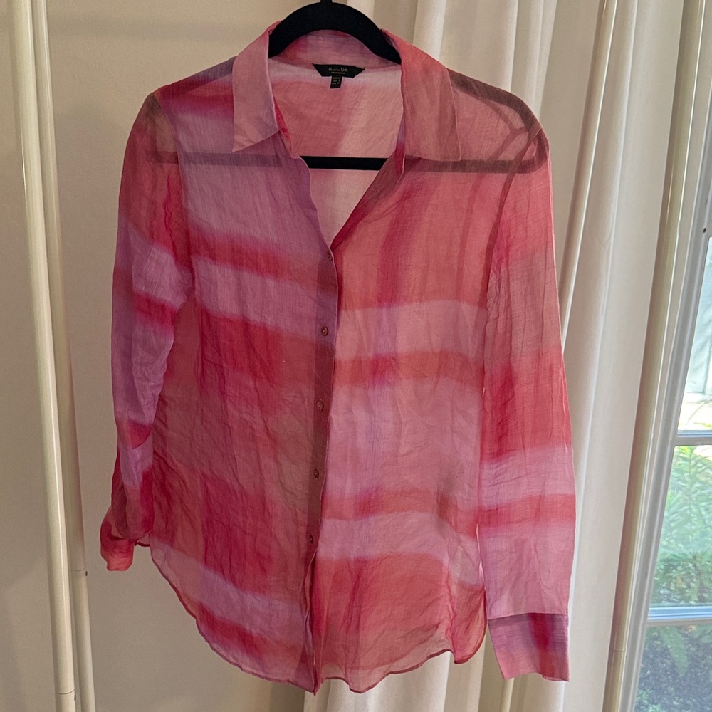 Massimo Dutti Pink and Red Striped Button Down Shirt